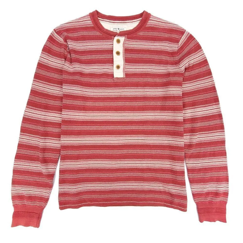 LUCKY BRAND 90s Handcrafted Knit Henley Sweater Mens Large Red Vintage Stripe - Picture 1 of 9